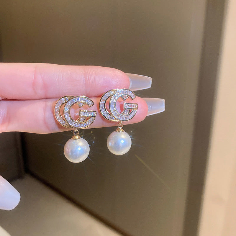 銀針法式黑色鑲鑽字母珍珠包包流蘇耳環小衆氣質耳釘高級感耳飾女