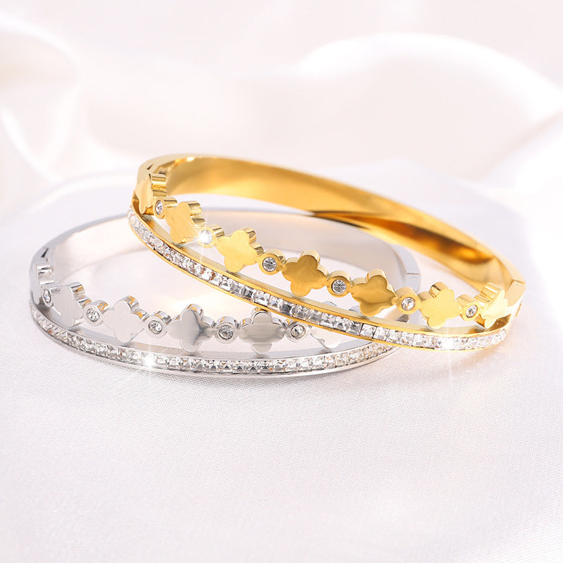 跨境爆款電鍍18K鈦鋼手鐲時尚鑲鑽四葉草輕奢高級不掉色手環