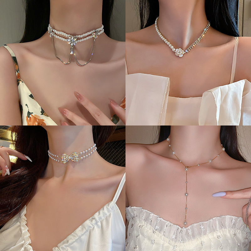 韓國東大門珍珠閃鑽幾何項鍊新款頸鍊簡約百搭冷淡風鎖骨鏈頸飾女