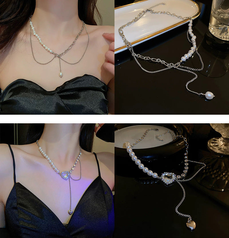 韓國時尚冷淡風鑲鑽愛心珍珠項鍊網紅小衆設計感氣質鎖骨鏈項飾女