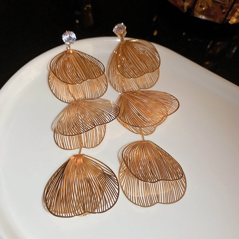 銀針歐美金屬風鏤空花朵魚尾珍珠耳環誇張氣質耳釘重工高級感耳飾