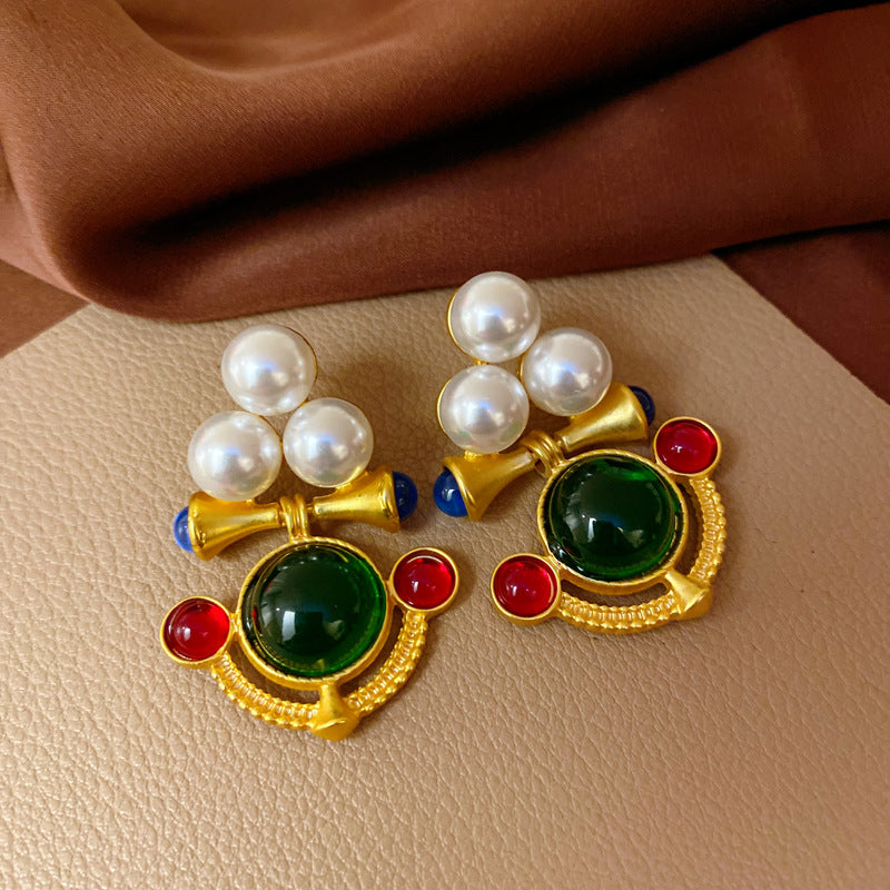 銀針中古vintage綠色鑲鑽蝴蝶珍珠耳環氣質耳墜復古高級感耳飾女