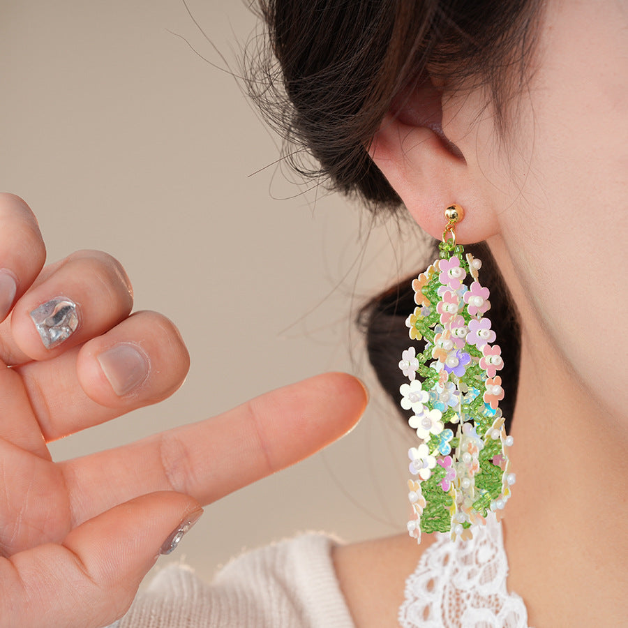 銀針森系米珠編織亮片花朵流蘇耳環超仙度假風耳墜小衆高級感耳飾