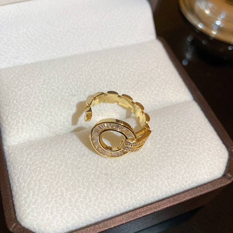 韓國時尚鋯石字母愛心幾何開口戒指輕奢小衆高級感食指戒百搭手飾