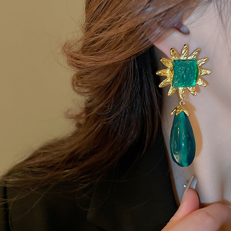 銀針中古vintage綠色鑲鑽蝴蝶珍珠耳環氣質耳墜復古高級感耳飾女