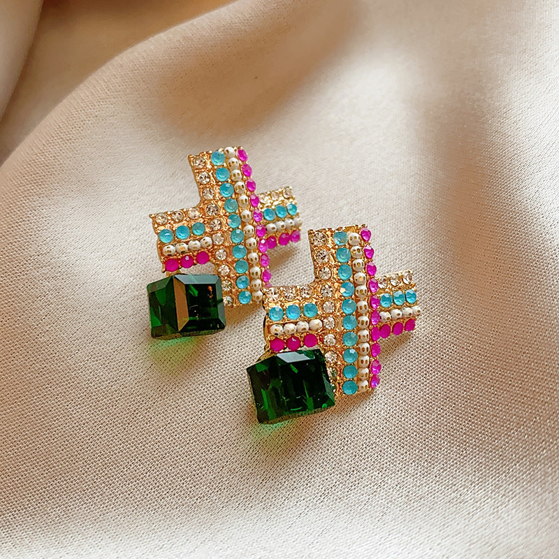 銀針歐美輕奢人造鋯石水晶款愛心耳釘時尚宮廷風耳環高級感耳飾女