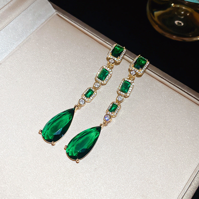 歐美跨境綠色鋯石花朵幾何耳釘氣質百搭耳環輕奢高級感耳飾設計感