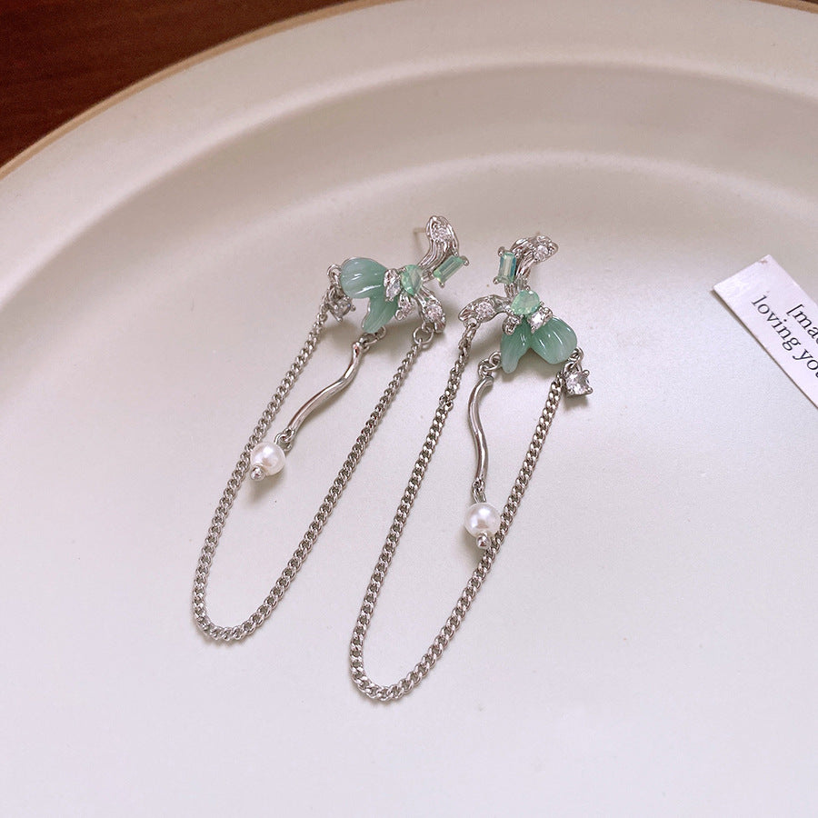 銀針小清新綠色樹脂鋯石蝴蝶流蘇耳釘甜美個性耳環輕奢高級感耳飾