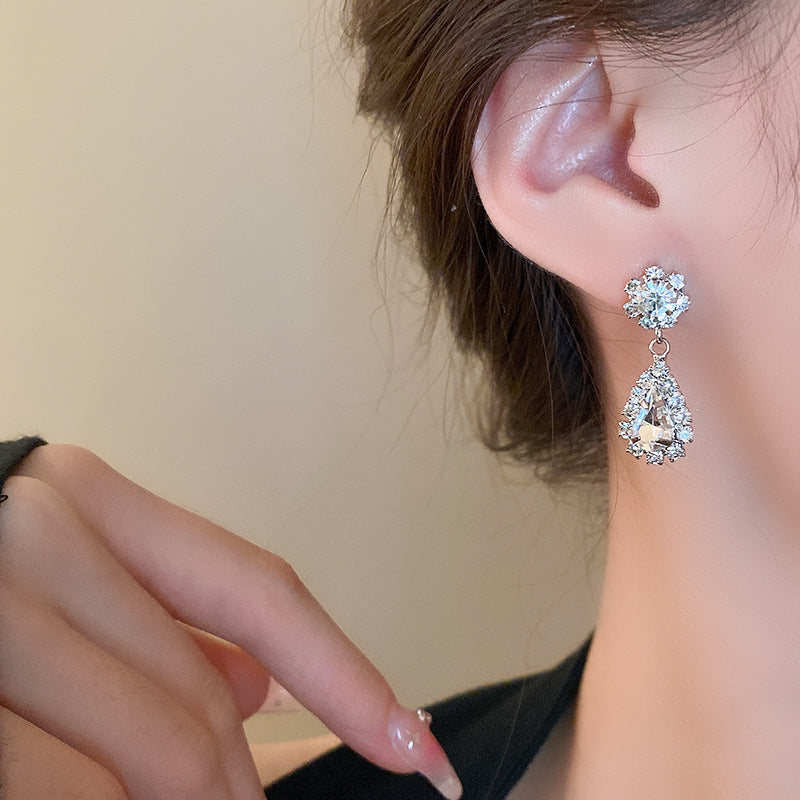 韓國東大門鑲鑽水滴耳環項鍊兩件套輕奢小衆鎖骨鏈個性冷淡風項飾