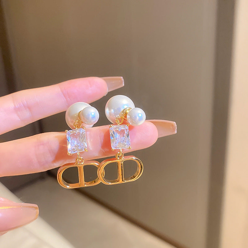 銀針法式黑色鑲鑽字母珍珠包包流蘇耳環小衆氣質耳釘高級感耳飾女