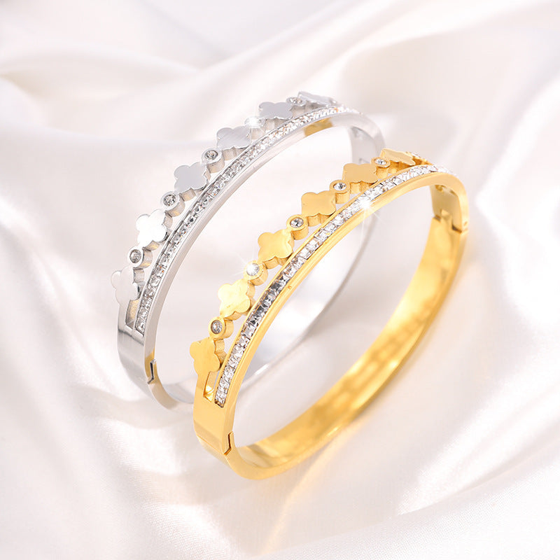 跨境爆款電鍍18K鈦鋼手鐲時尚鑲鑽四葉草輕奢高級不掉色手環