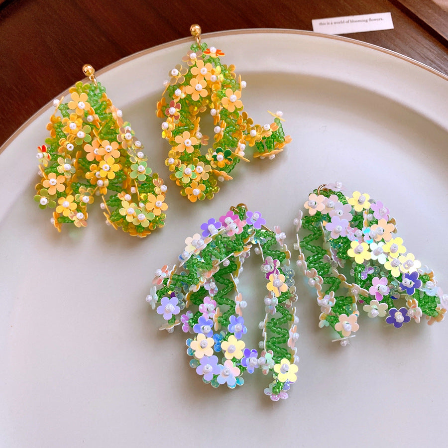 銀針森系米珠編織亮片花朵流蘇耳環超仙度假風耳墜小衆高級感耳飾