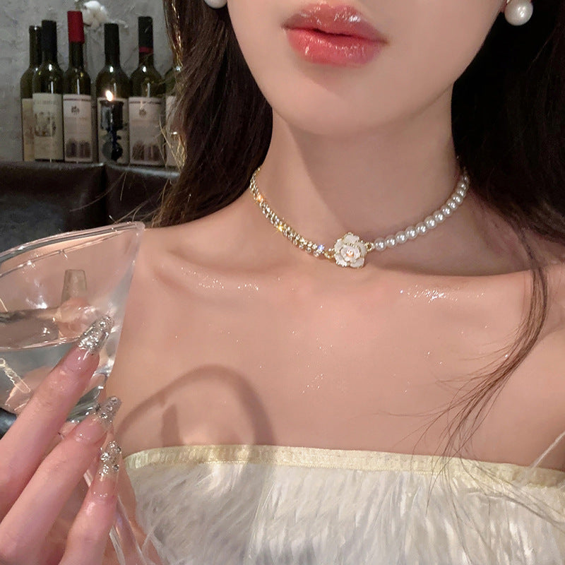 法式人造碎銀形山茶花朵愛心項鍊個性鎖骨鏈氣質輕奢百搭項飾
