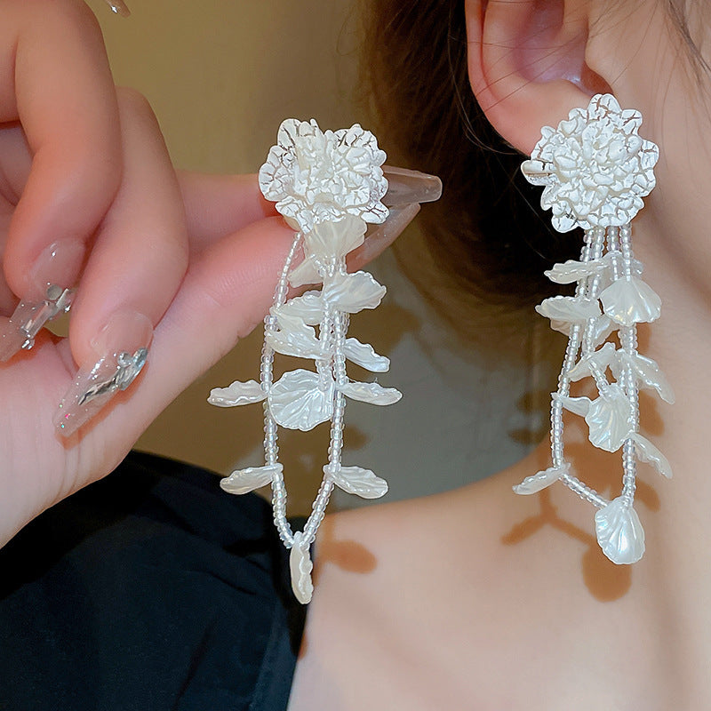 銀針時尚白色系花朵貝殼珍珠耳環氣質新款耳釘歐美時尚高級感耳飾