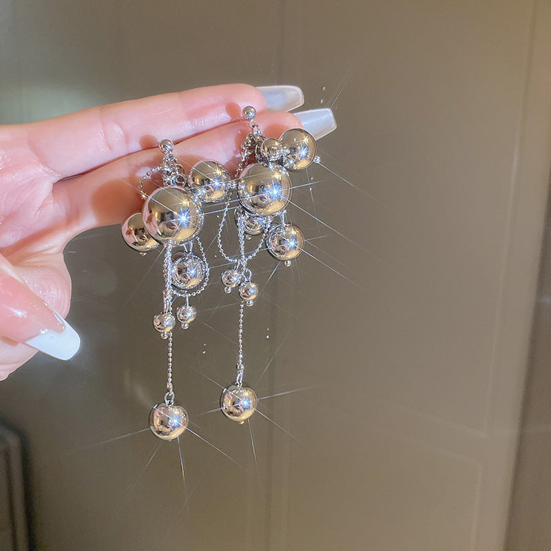 銀針跨境冷淡風銀色鑲鑽鋯石花朵珍珠耳環長款流蘇耳釘高級感耳飾