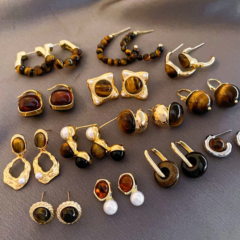 銀針小衆復古C形人造虎眼石耳環氣質設計感耳釘輕奢高級感耳飾女