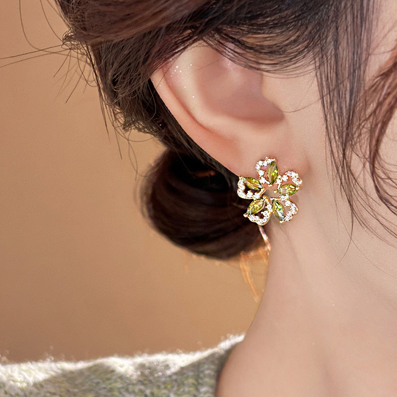 歐美跨境綠色鋯石花朵幾何耳釘氣質百搭耳環輕奢高級感耳飾設計感