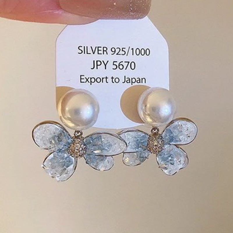 銀針霧霾藍色漸變滴油花朵蝴蝶愛心耳環氣質耳釘秋冬高級感耳飾