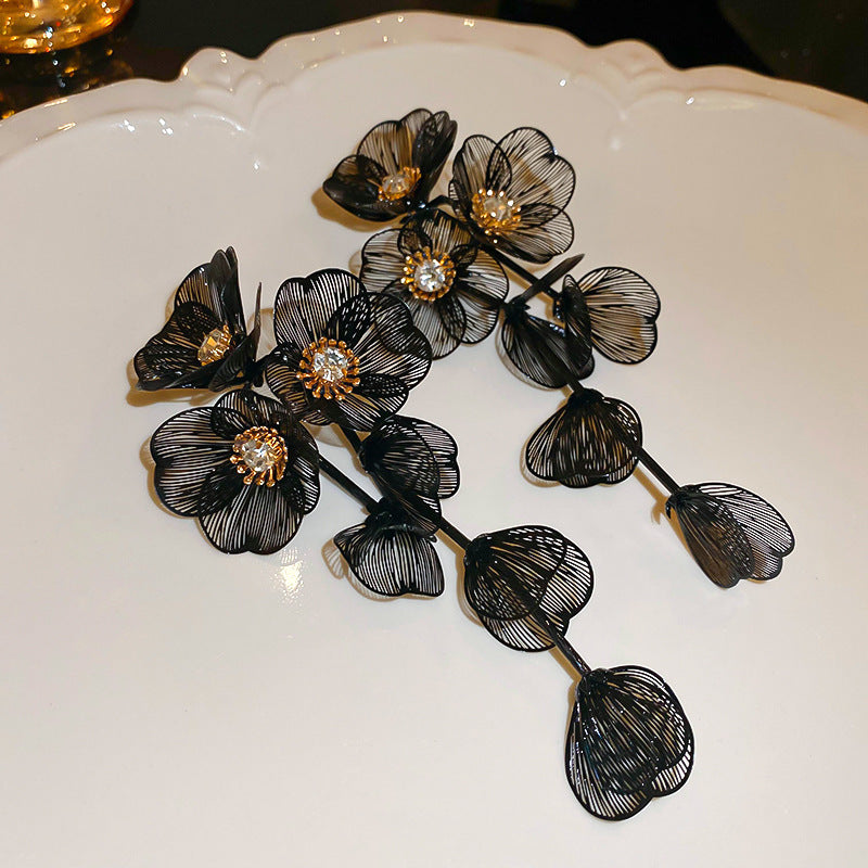 銀針歐美金屬風珍珠蝴蝶花朵流蘇耳釘小衆個性耳環時尚誇張耳飾女