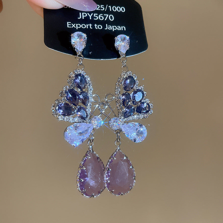 銀針熱銷鑲鑽鋯石水滴蝴蝶流蘇耳環輕奢高級感耳釘耳飾設計感小衆