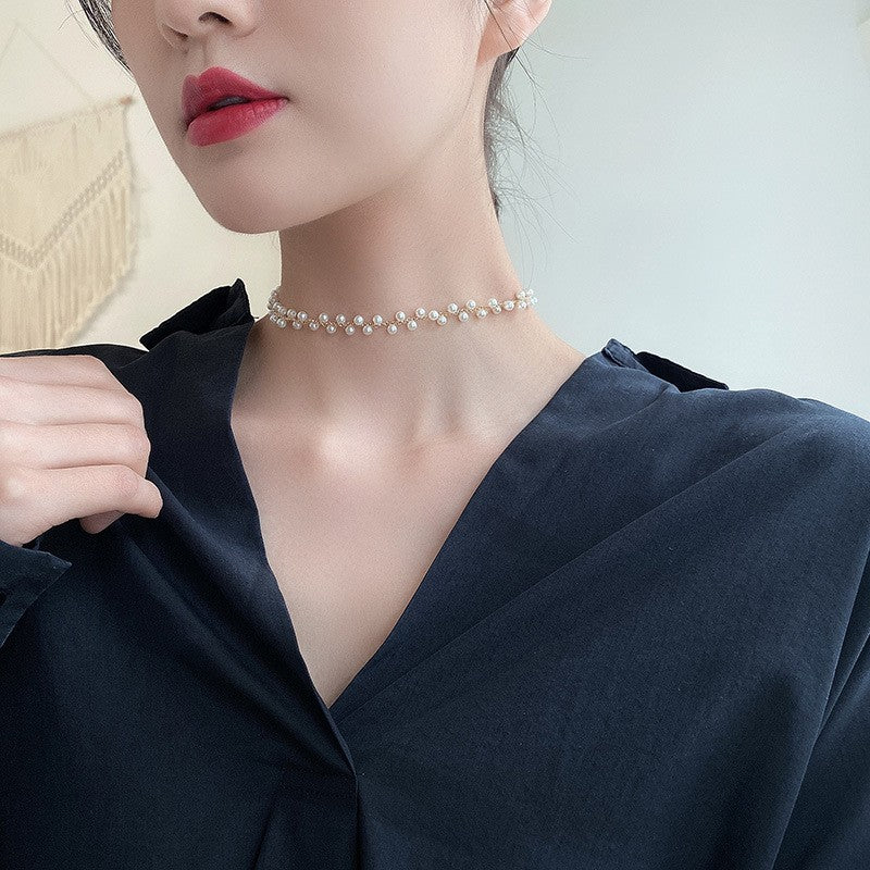 韓國東大門珍珠閃鑽幾何項鍊新款頸鍊簡約百搭冷淡風鎖骨鏈頸飾女