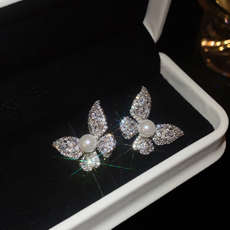 銀針輕奢鋯石花朵蝴蝶珍珠款耳釘氣質耳環高級感秋冬法式復古耳飾
