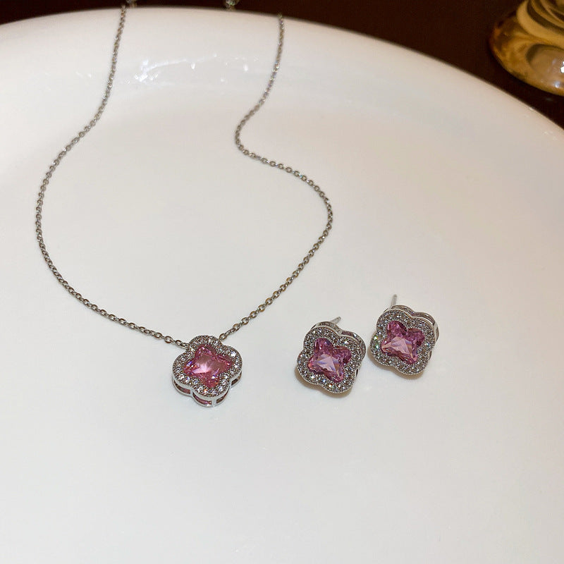 網紅粉色甜美氣質鋯石花朵項鍊韓國小衆百搭鎖骨鏈時尚輕奢項飾女