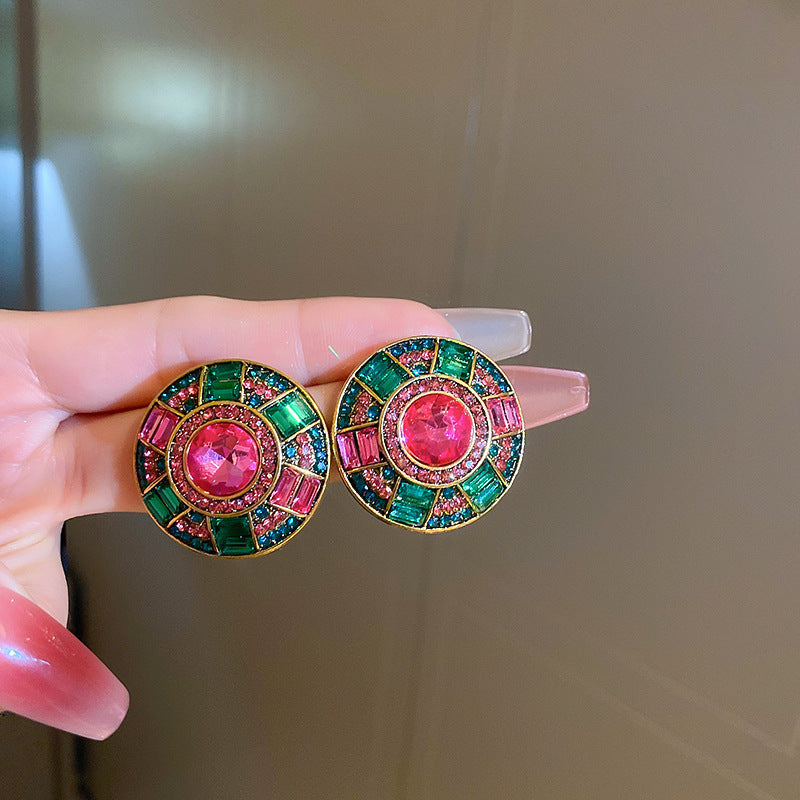 歐美跨境綠色鋯石花朵幾何耳釘氣質百搭耳環輕奢高級感耳飾設計感