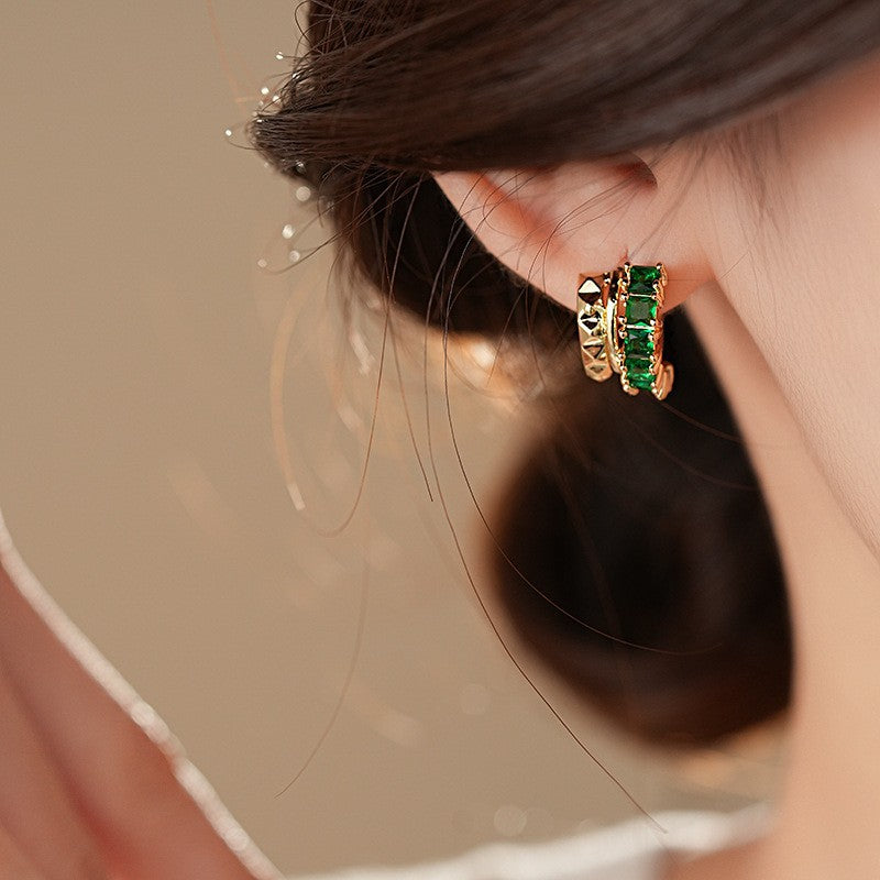 歐美跨境綠色鋯石花朵幾何耳釘氣質百搭耳環輕奢高級感耳飾設計感
