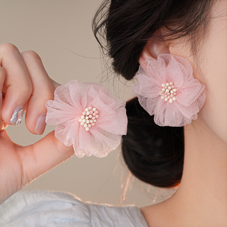 銀針波西米亞粉色網紗花朵耳環時尚甜美百搭學生耳飾小清新度假風耳飾