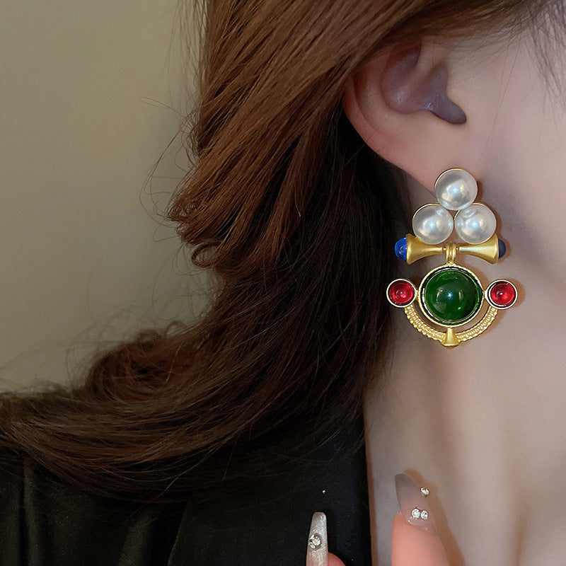 銀針中古vintage綠色鑲鑽蝴蝶珍珠耳環氣質耳墜復古高級感耳飾女