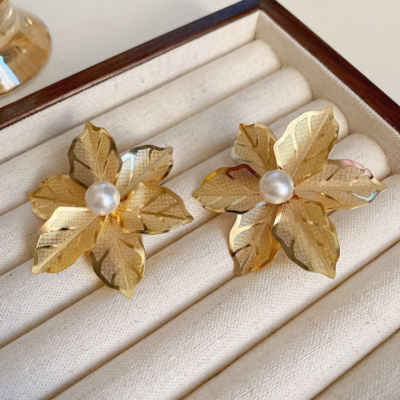 銀針歐美金屬風鏤空花朵魚尾珍珠耳環誇張氣質耳釘重工高級感耳飾