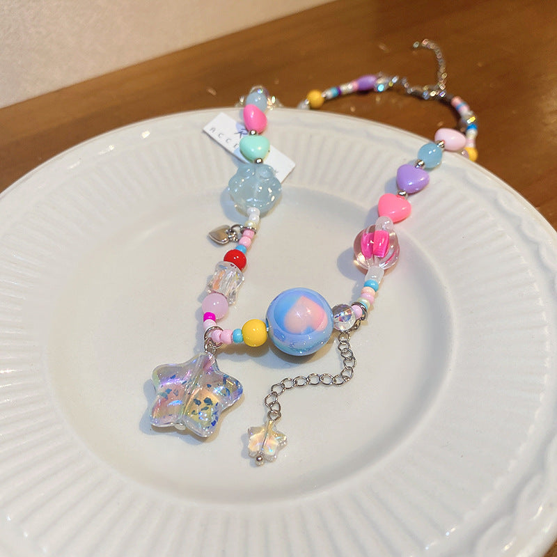 粉色愛心五角星字母珍珠項鍊小衆個性鎖骨鏈少女甜酷風項飾