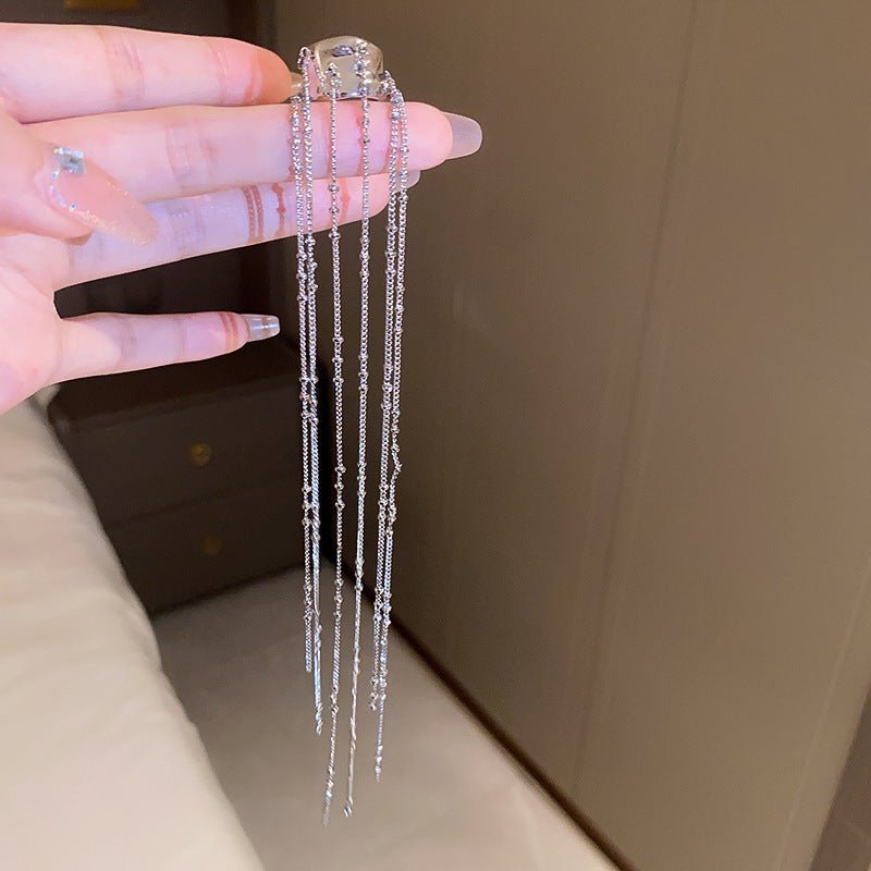 銀針跨境冷淡風銀色鑲鑽鋯石花朵珍珠耳環長款流蘇耳釘高級感耳飾