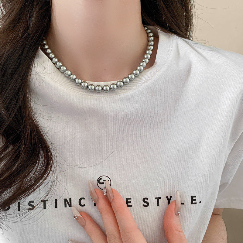 法式復古灰色珍珠項鍊小衆簡約設計感鎖骨鏈氣質輕奢高級感項飾女