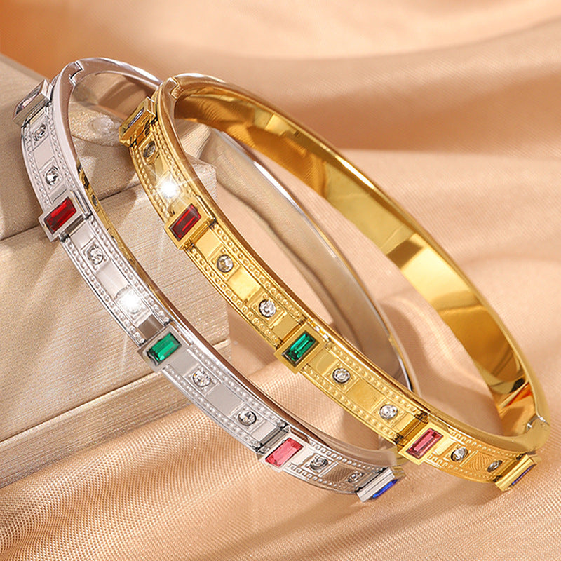 鈦鋼手鐲情侶款華格夫方形彩鑽鑲嵌歐美熱賣精緻百搭氣質手鐲飾品