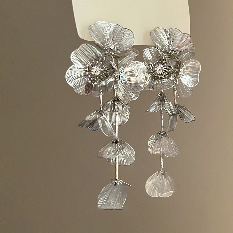 銀針歐美跨境專供花朵珍珠流蘇耳環氣質個性耳釘誇張高級感耳飾女