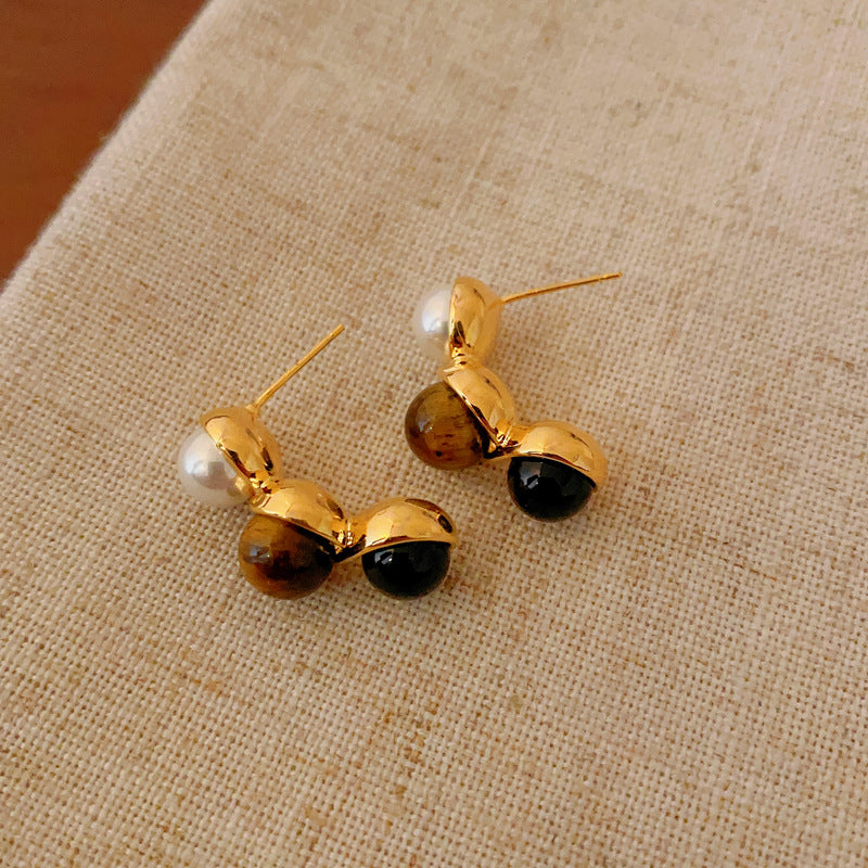 銀針小衆復古C形人造虎眼石耳環氣質設計感耳釘輕奢高級感耳飾女