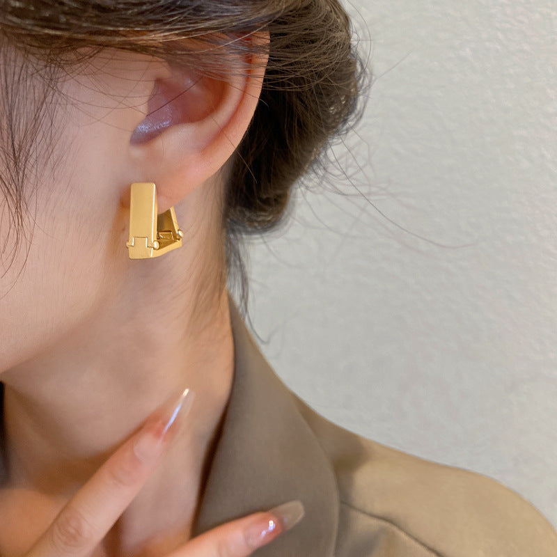 銀針歐美輕奢金屬風拉絲方形愛心耳環女網紅個性幾何耳釘時尚耳飾