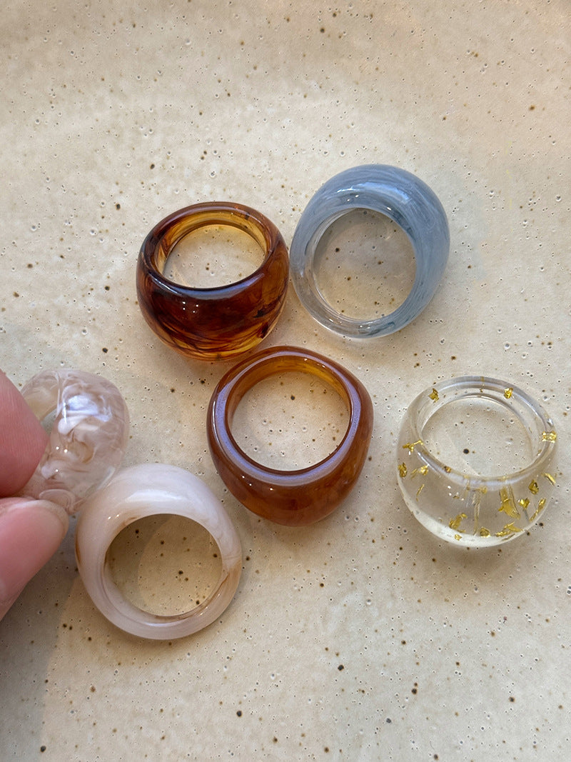 跨境暈染樹脂橢圓幾何戒指小衆復古清冷感指環氣質高級感手飾