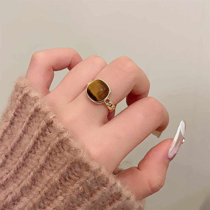 復古輕奢鋯石金蛇蝴蝶虎眼石開口戒指小衆簡約食指戒高級感手飾女