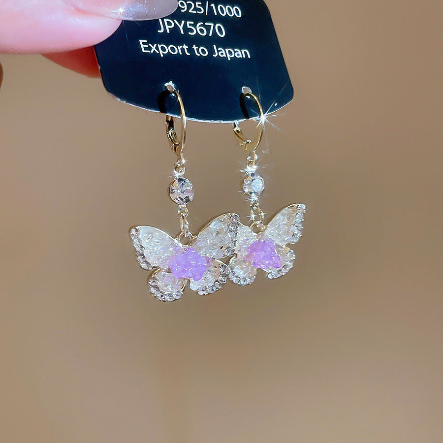 銀針熱銷鑲鑽鋯石水滴蝴蝶流蘇耳環輕奢高級感耳釘耳飾設計感小衆