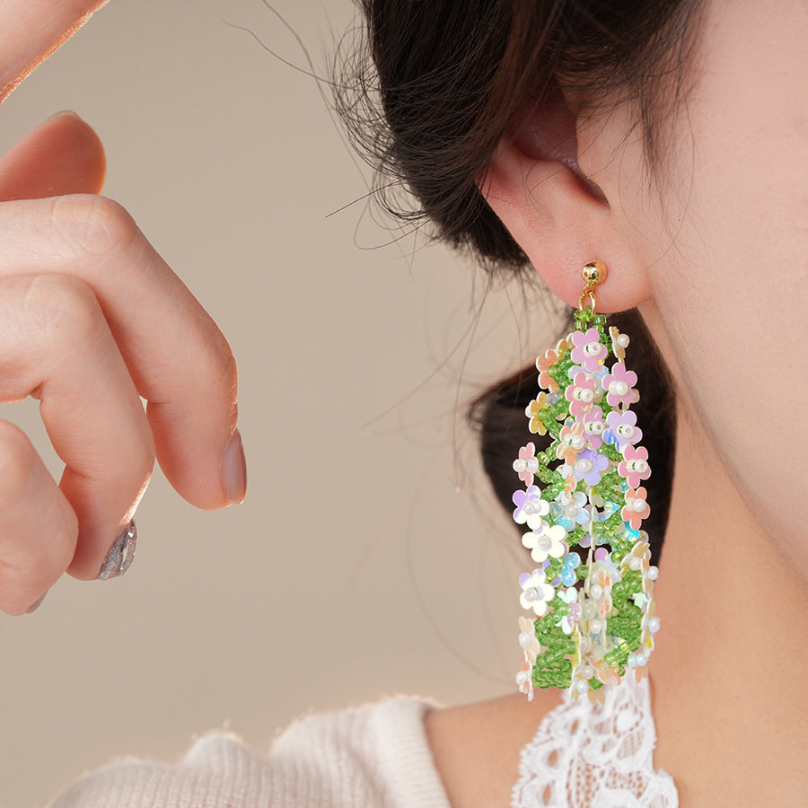 銀針森系米珠編織亮片花朵流蘇耳環超仙度假風耳墜小衆高級感耳飾