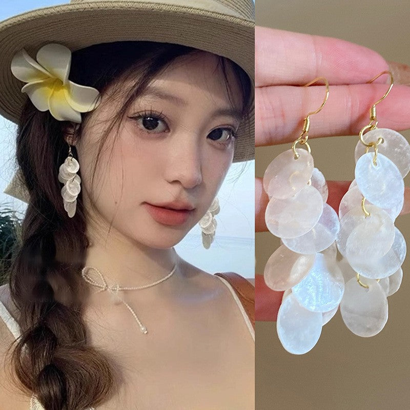 海邊度假風花朵貝殼流蘇長款耳環輕奢高級感耳釘女耳飾設計感小衆