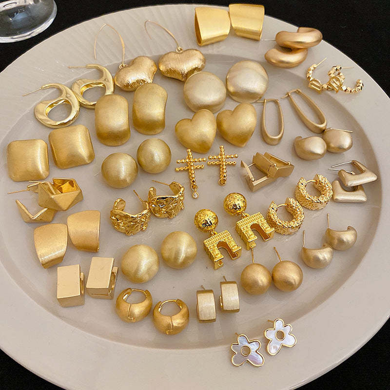 銀針歐美輕奢金屬風拉絲方形愛心耳環女網紅個性幾何耳釘時尚耳飾