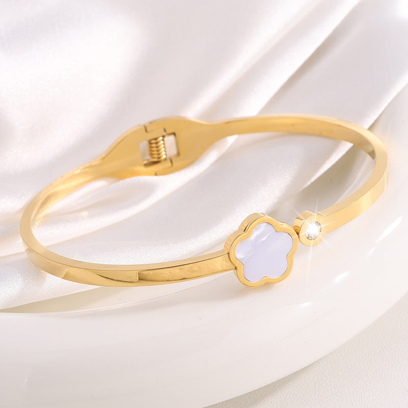 韓版五葉花玫瑰金鈦鋼手鐲時尚爆款手飾鑲鑽女新款個性不鏽鋼手環