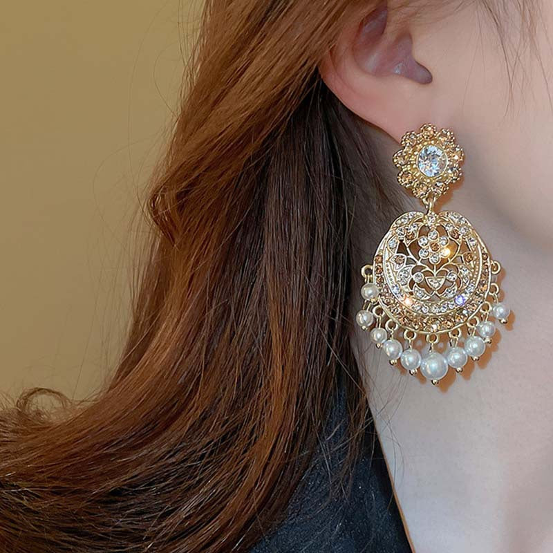 銀針歐美金屬風鏤空花朵魚尾珍珠耳環誇張氣質耳釘重工高級感耳飾