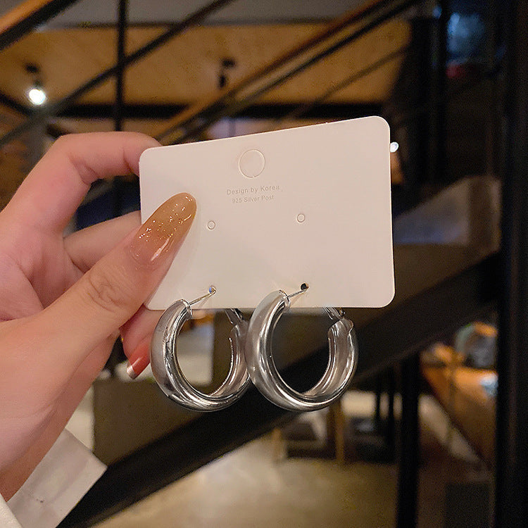 銀針歐美跨境金屬風素圈幾何耳圈氣質個性耳釘耳環誇張高級感耳飾
