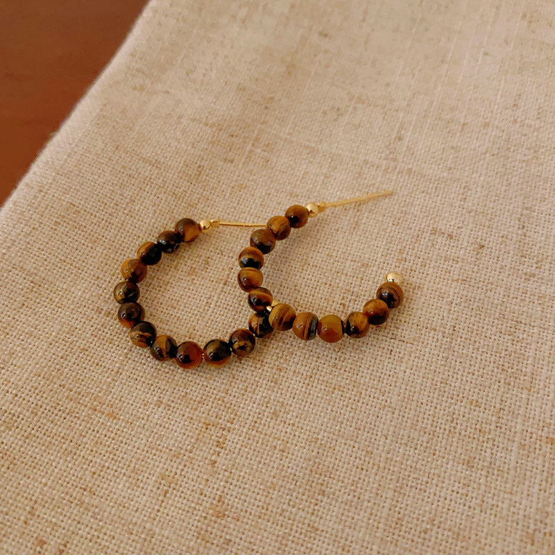 銀針小衆復古C形人造虎眼石耳環氣質設計感耳釘輕奢高級感耳飾女