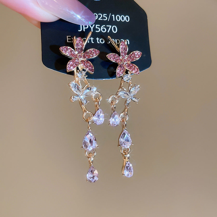 銀針熱銷鑲鑽鋯石水滴蝴蝶流蘇耳環輕奢高級感耳釘耳飾設計感小衆